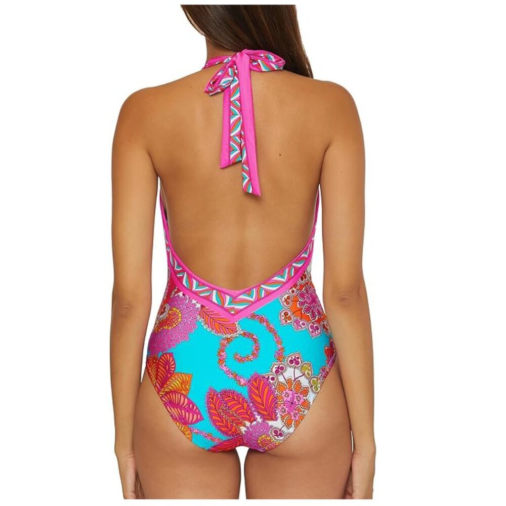 NWT Trina Turk Women's Meilani Border Halter Plunge One Piece Swimsuit - Picture 3 of 8